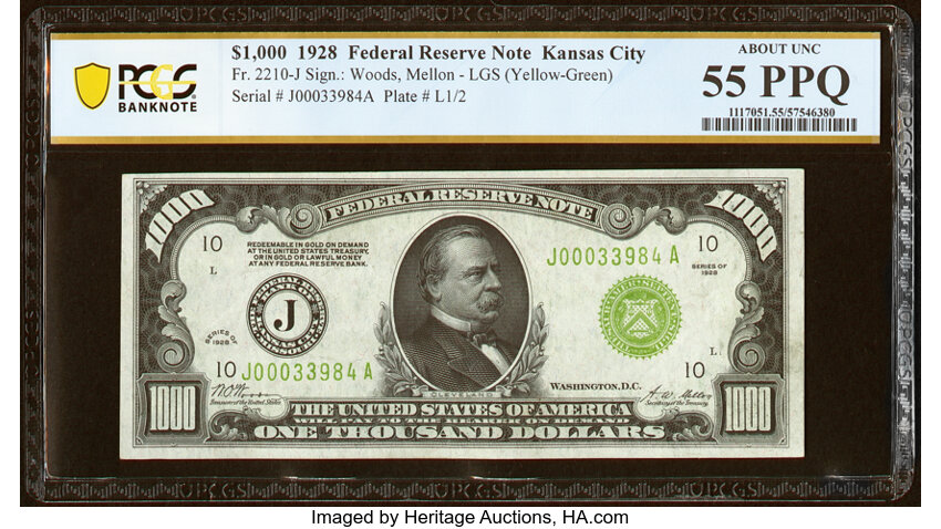 image for: Fr. 2210-J $1,000 1928 Federal Reserve Note. PCGS Banknote About Unc 55 PPQ....