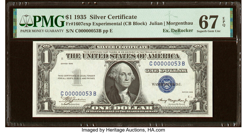 image for: Low Serial Number 53 Fr. 1607 $1 1935 Silver Certificate. C-B Experimental Block. PMG Superb Gem Unc 67 EPQ....