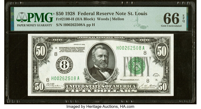 image for: Fr. 2100-H $50 1928 Federal Reserve Note. PMG Gem Uncirculated 66 EPQ....