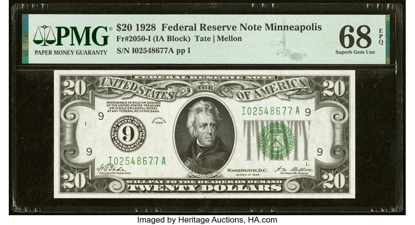 image for: Fr. 2050-I $20 1928 Federal Reserve Note. PMG Superb Gem Unc 68 EPQ....