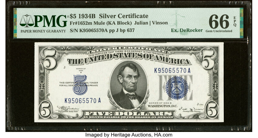 image for: Fr. 1652 $5 1934B Mule Silver Certificate. K-A Block. PMG Gem Uncirculated 66 EPQ....