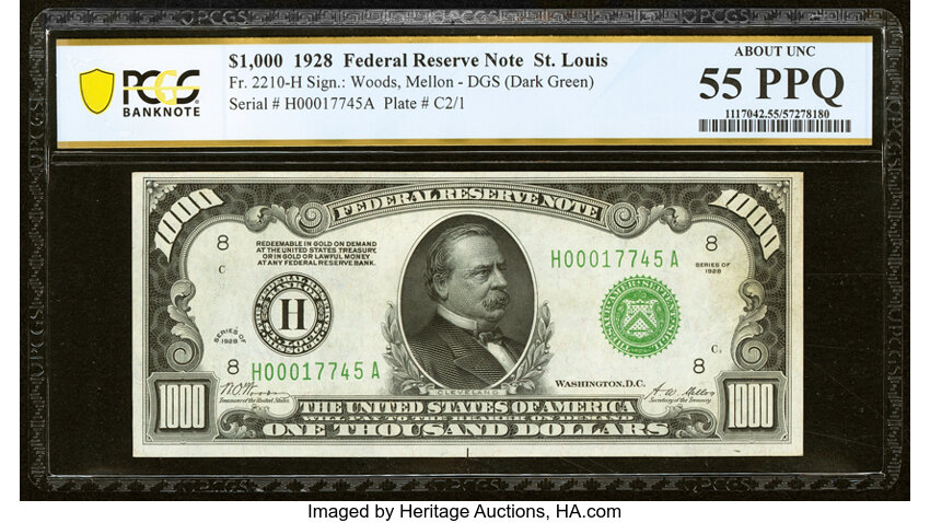 image for: Fr. 2210-H $1,000 1928 Federal Reserve Note. PCGS Banknote About Unc 55 PPQ....