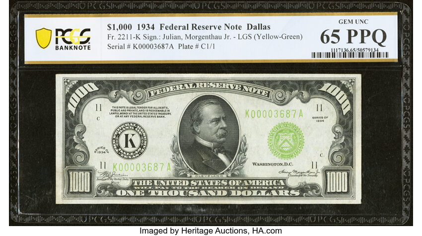 image for: Fr. 2211-K $1,000 1934 Light Green Seal Federal Reserve Note. PCGS Banknote Gem Unc 65 PPQ....