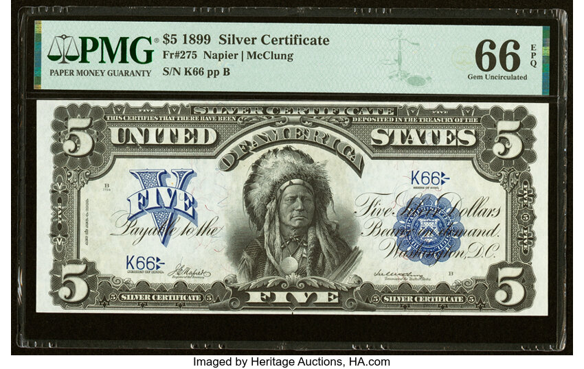 image for: Low Serial Number 66 Fr. 275 $5 1899 Silver Certificate PMG Gem Uncirculated 66 EPQ....