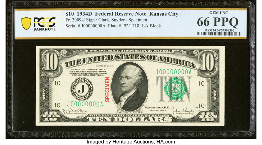 image for: Solid Zeros Serial Number Fr. 2009-J $10 1934D Federal Reserve Note Specimen. PCGS Banknote Gem Unc 66 PPQ....