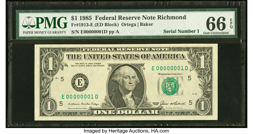 image for: Serial Number 1 Fr. 1913-E $1 1985 Federal Reserve Note. PMG Gem Uncirculated 66 EPQ....