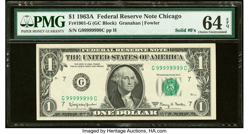 image for: Solid 9 Serial Number Fr. 1901-G $1 1963A Federal Reserve Note. PMG Choice Uncirculated 64 EPQ....