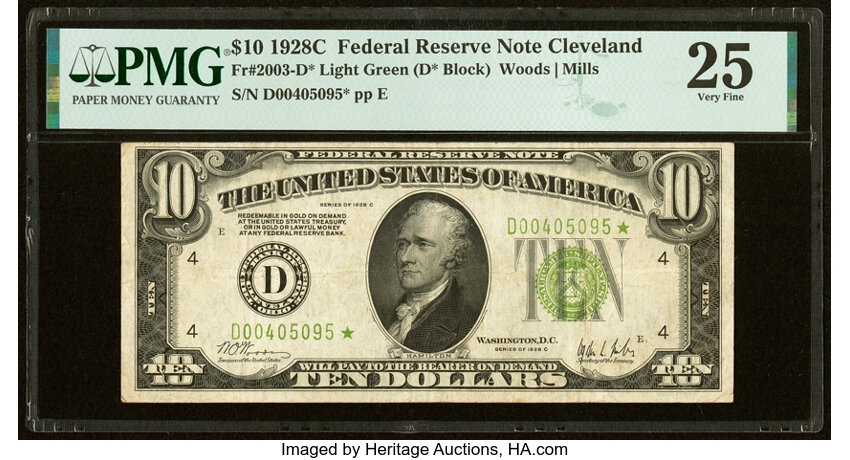 image for: Fr. 2003-D* $10 1928C Light Green Seal Federal Reserve Star Note. PMG Very Fine 25....