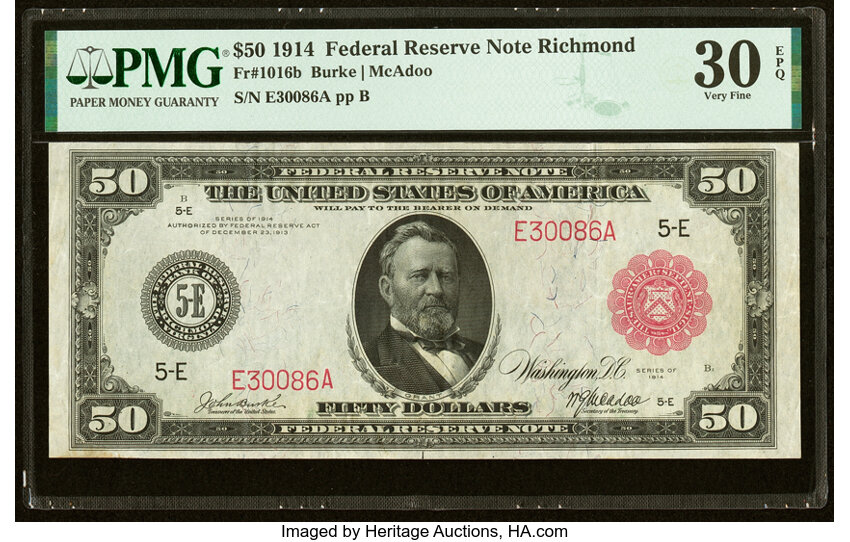 image for: Fr. 1016b $50 1914 Red Seal Federal Reserve Note PMG Very Fine 30 EPQ....