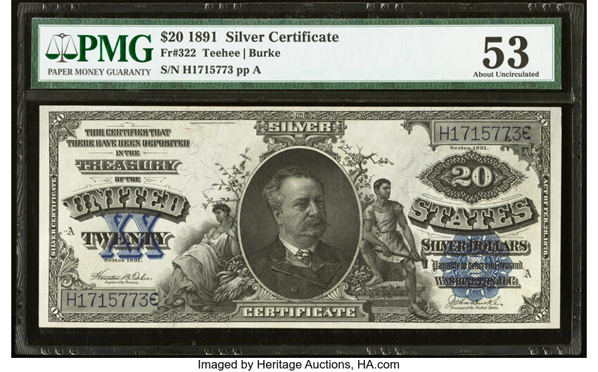 image for: Fr. 322 $20 1891 Silver Certificate PMG About Uncirculated 53....