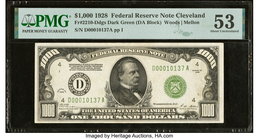 image for: Fr. 2210-D $1,000 1928 Federal Reserve Note. PMG About Uncirculated 53....