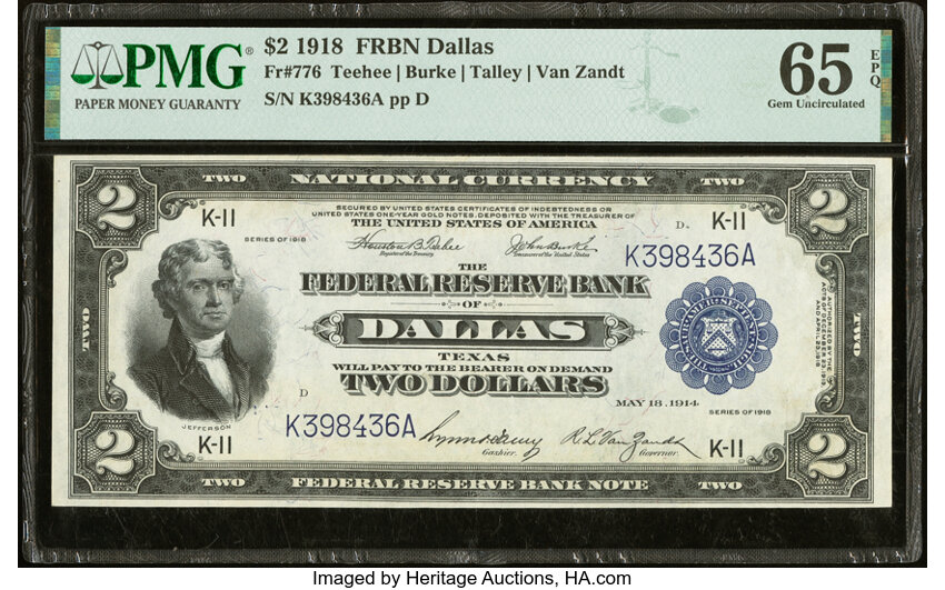 image for: Fr. 776 $2 1918 Federal Reserve Bank Note PMG Gem Uncirculated 65 EPQ....