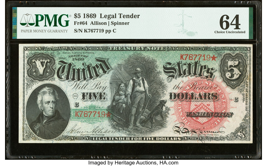 image for: Fr. 64 $5 1869 Legal Tender PMG Choice Uncirculated 64....