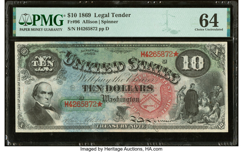 image for: Fr. 96 $10 1869 Legal Tender PMG Choice Uncirculated 64....