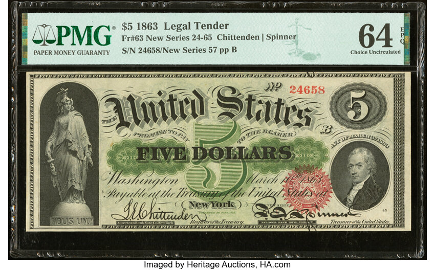 image for: Fr. 63 $5 1863 Legal Tender PMG Choice Uncirculated 64 EPQ....