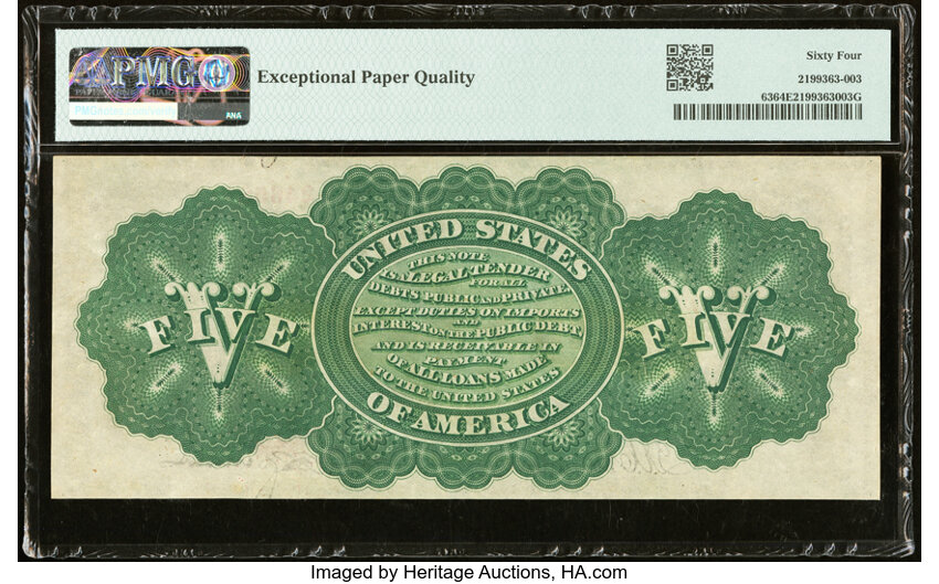 image for: Fr. 63 $5 1863 Legal Tender PMG Choice Uncirculated 64 EPQ....