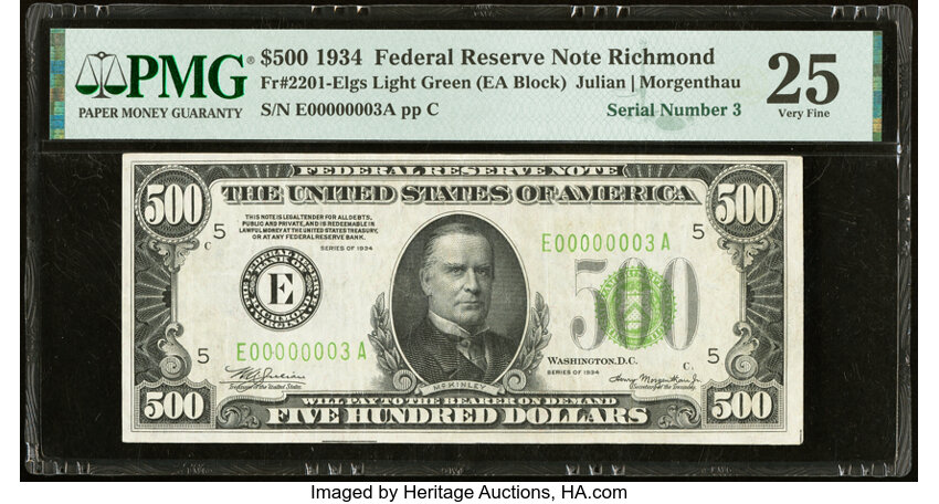 image for: Low Serial Number 3 Fr. 2201-E $500 1934 Light Green Seal Federal Reserve Note. PMG Very Fine 25....