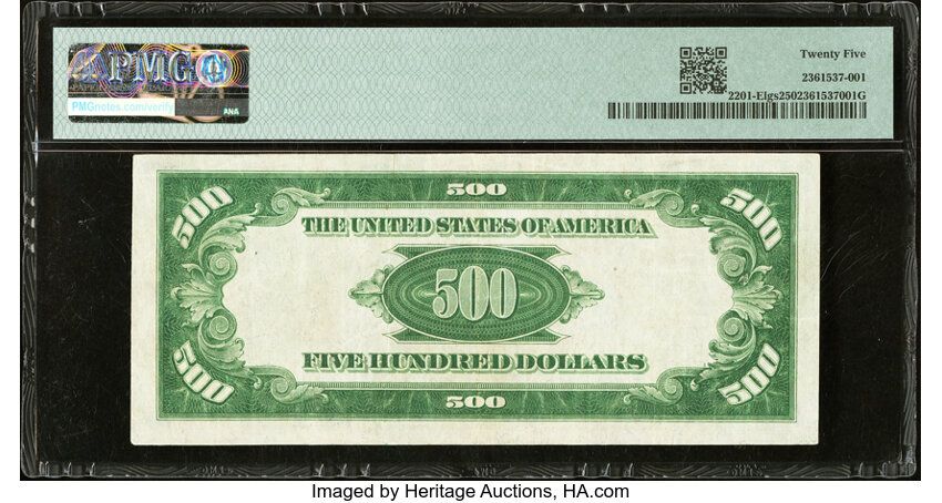 image for: Low Serial Number 3 Fr. 2201-E $500 1934 Light Green Seal Federal Reserve Note. PMG Very Fine 25....