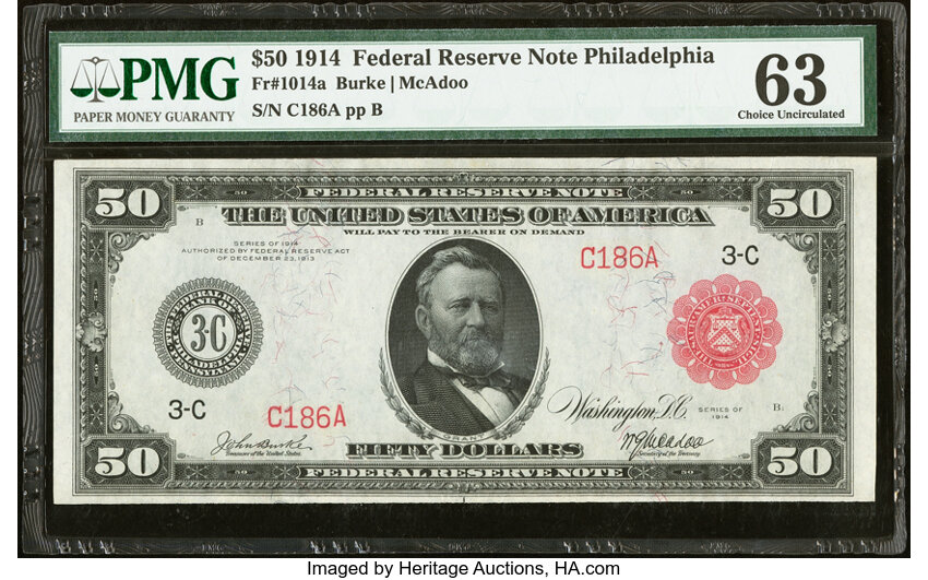 image for: Low Serial Number C186A Fr. 1014a $50 1914 Red Seal Federal Reserve Note PMG Choice Uncirculated 63....