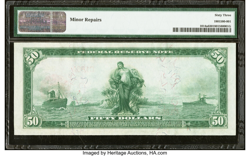 image for: Low Serial Number C186A Fr. 1014a $50 1914 Red Seal Federal Reserve Note PMG Choice Uncirculated 63....