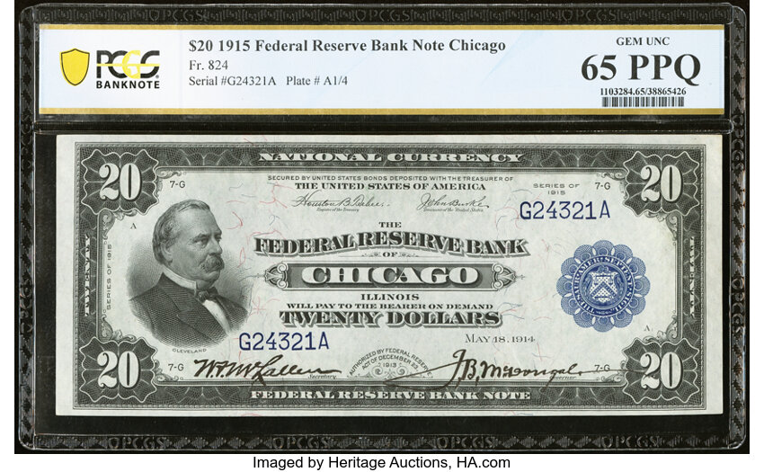 image for: Fr. 824 $20 1915 Federal Reserve Bank Note PCGS Banknote Gem Unc 65 PPQ....