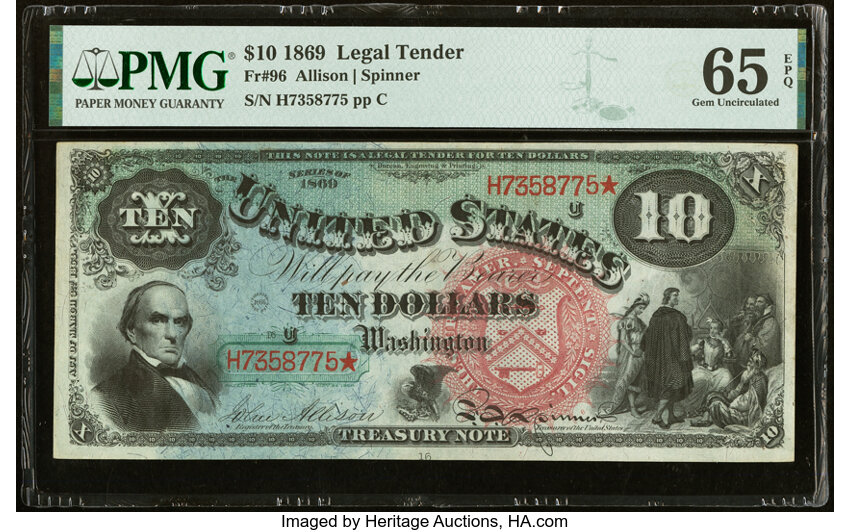 image for: Fr. 96 $10 1869 Legal Tender PMG Gem Uncirculated 65 EPQ....