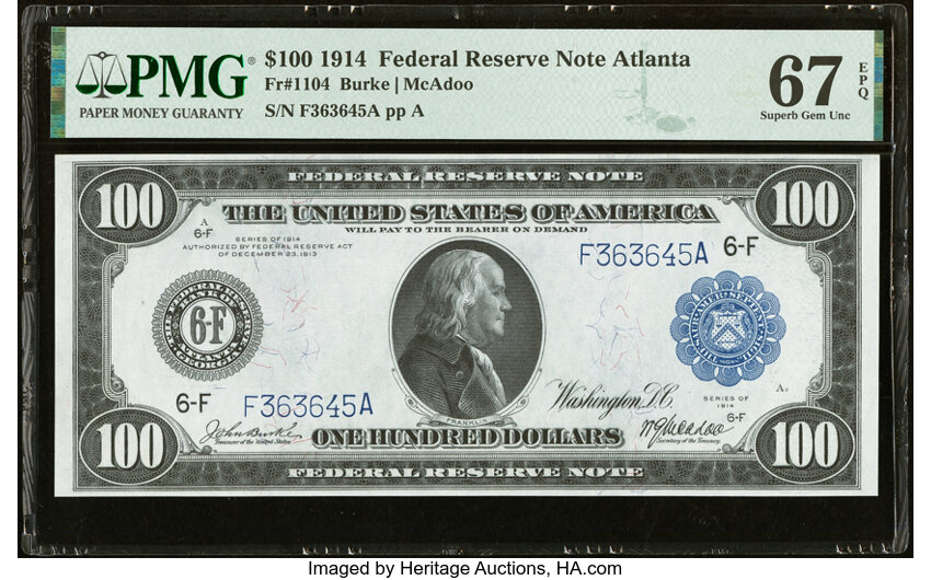 image for: Fr. 1104 $100 1914 Federal Reserve Note PMG Superb Gem Unc 67 EPQ....