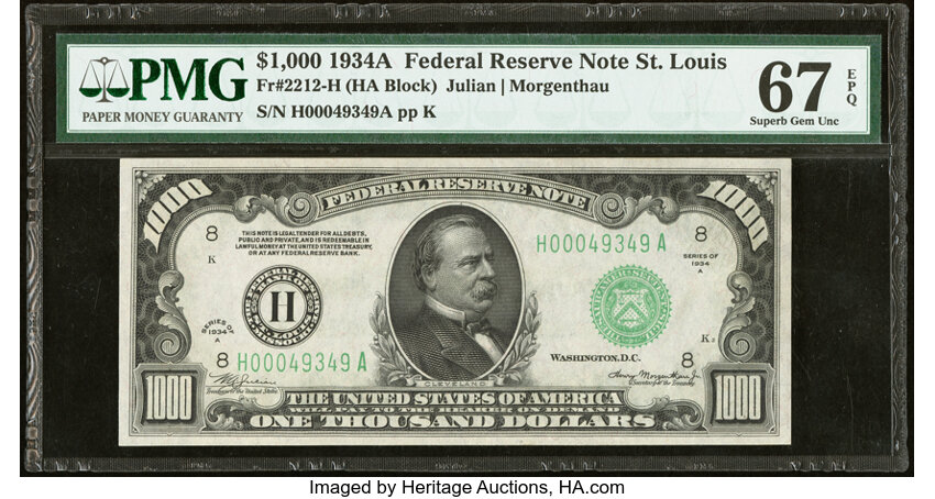 image for: Fr. 2212-H $1,000 1934A Federal Reserve Note. PMG Superb Gem Unc 67 EPQ....