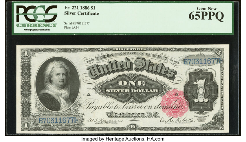 image for: Fr. 221 $1 1886 Silver Certificate PCGS Gem New 65PPQ....