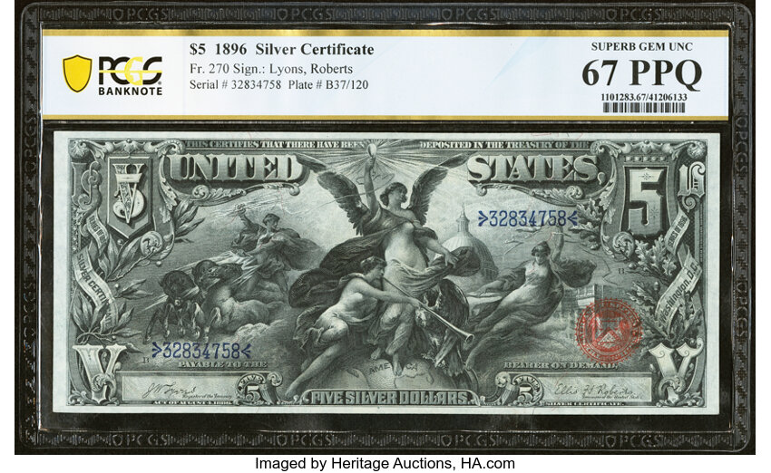 image for: Fr. 270 $5 1896 Silver Certificate PCGS Banknote Superb Gem Unc 67 PPQ....
