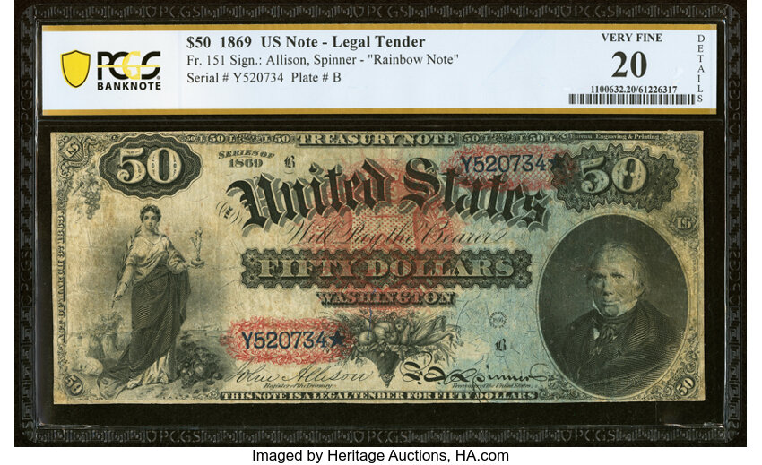 image for: Fr. 151 $50 1869 Legal Tender PCGS Banknote Very Fine 20 Details....