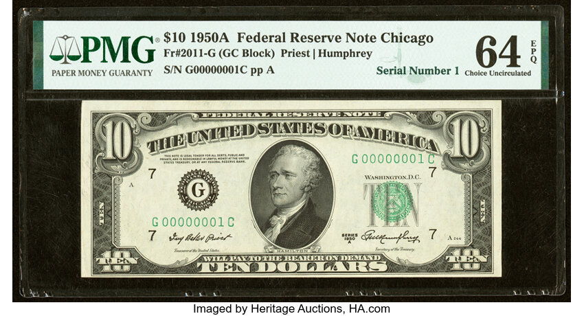 image for: Serial Number 1 Fr. 2011-G $10 1950A Federal Reserve Note. PMG Choice Uncirculated 64 EPQ....