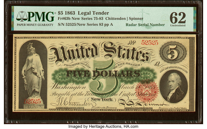 image for: Radar Serial Number 52525 Fr. 63b $5 1863 Legal Tender PMG Uncirculated 62....