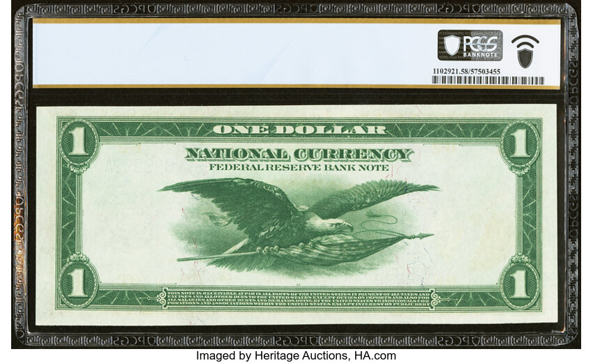 image for: Solid 9 Five-Digit Serial Number Fr. 711 $1 1918 Federal Reserve Bank Note PCGS Banknote Choice AU 58....