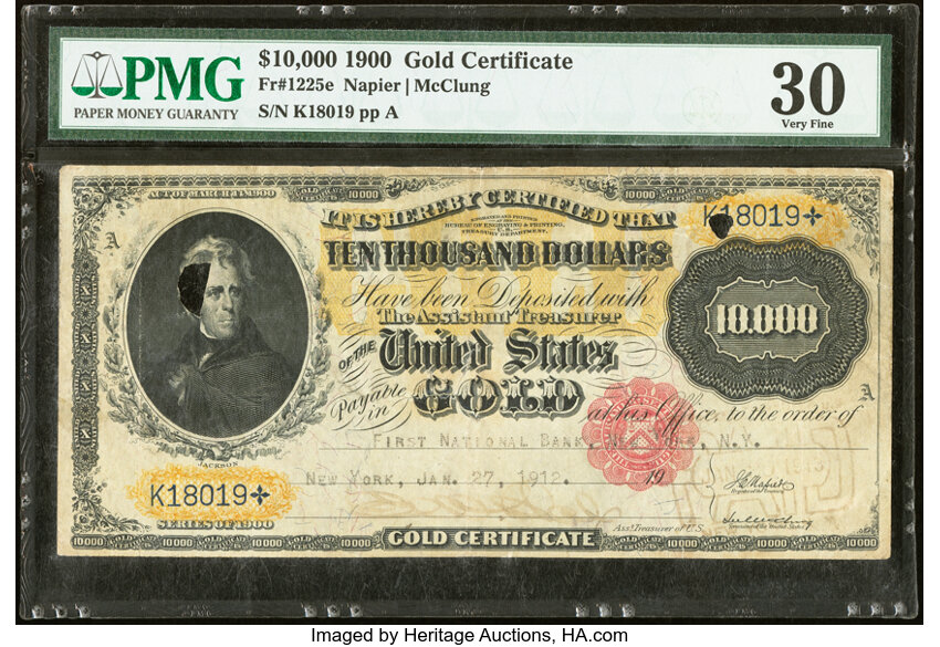image for: Fr. 1225e $10,000 1900 Gold Certificate PMG Very Fine 30....