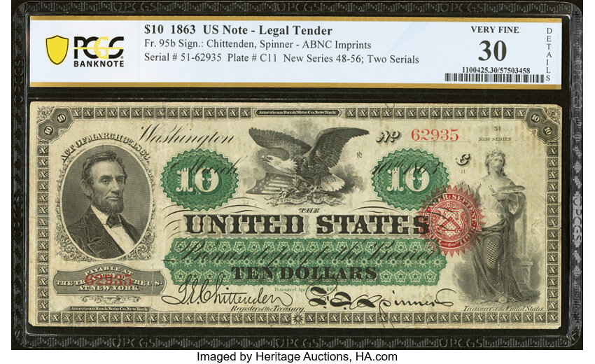 image for: Fr. 95b $10 1863 Legal Tender PCGS Banknote Very Fine 30 Details....