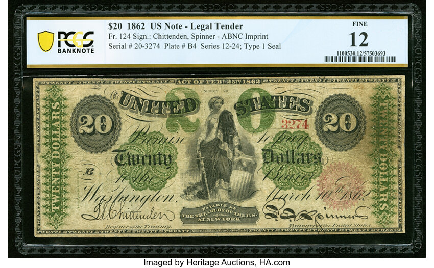 image for: Fr. 124 $20 1862 Legal Tender PCGS Banknote Fine 12....