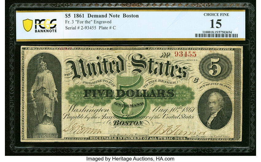 image for: Fr. 3 $5 1861 Demand Note PCGS Banknote Choice Fine 15....