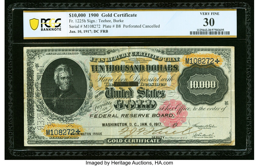 image for: Fr. 1225h $10,000 1900 Gold Certificate PCGS Banknote Very Fine 30....