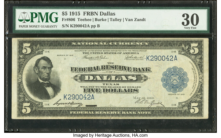 image for: Fr. 806 $5 1915 Federal Reserve Bank Note PMG Very Fine 30....