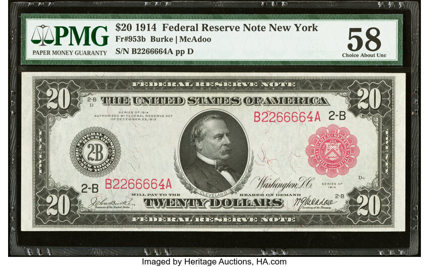 image for: Fr. 953b $20 1914 Red Seal Federal Reserve Note PMG Choice About Unc 58....