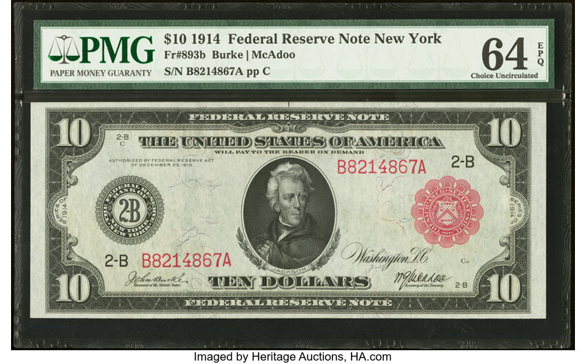 image for: Fr. 893b $10 1914 Red Seal Federal Reserve Note PMG Choice Uncirculated 64 EPQ....