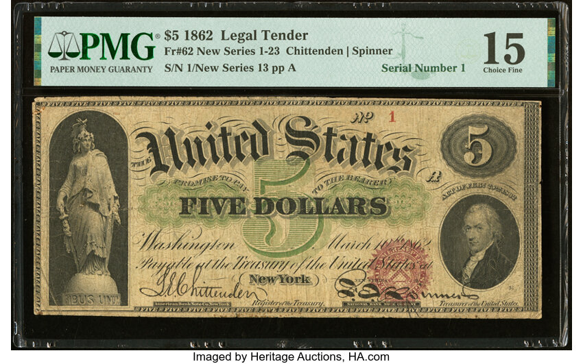 image for: Serial Number 1 Fr. 62 $5 1862 Legal Tender PMG Choice Fine 15....