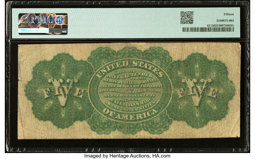 image for: Serial Number 1 Fr. 62 $5 1862 Legal Tender PMG Choice Fine 15....