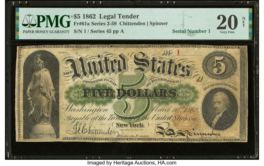image for: Serial Number 1 Fr. 61a $5 1862 Legal Tender PMG Very Fine 20 Net....