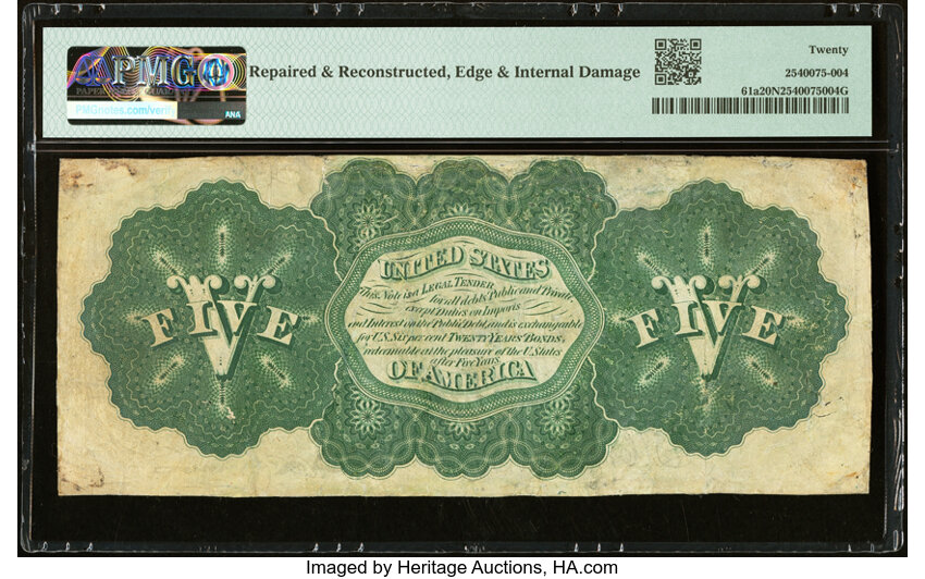 image for: Serial Number 1 Fr. 61a $5 1862 Legal Tender PMG Very Fine 20 Net....