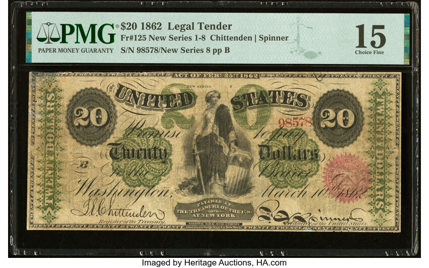image for: Fr. 125 $20 1862 Legal Tender PMG Choice Fine 15....