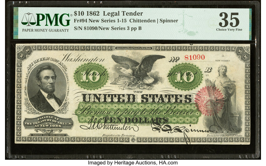 image for: Fr. 94 $10 1862 Legal Tender PMG Choice Very Fine 35....