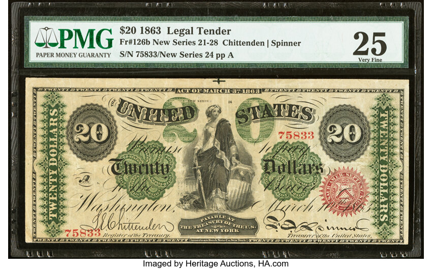 image for: Fr. 126b $20 1863 Legal Tender PMG Very Fine 25....