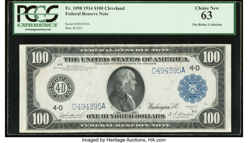 image for: Fr. 1098 $100 1914 Federal Reserve Note PCGS Choice New 63....